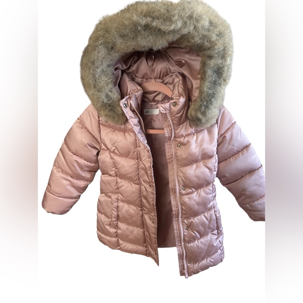 H&M Girls Blush Pink Faux Fur Hood Puffer Winter Coat Jacket Size 6X